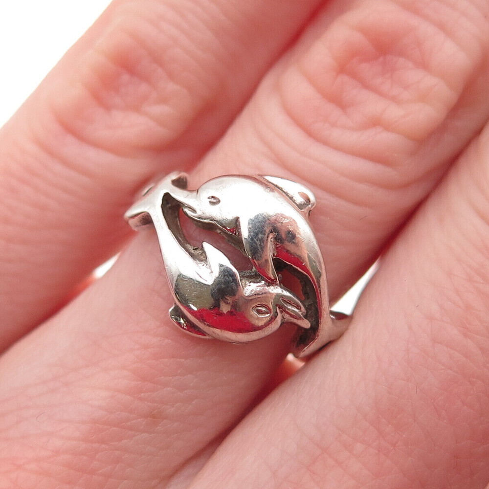 925 Sterling Silver Vintage Dolphin Couple Oxidized Ring Size 5